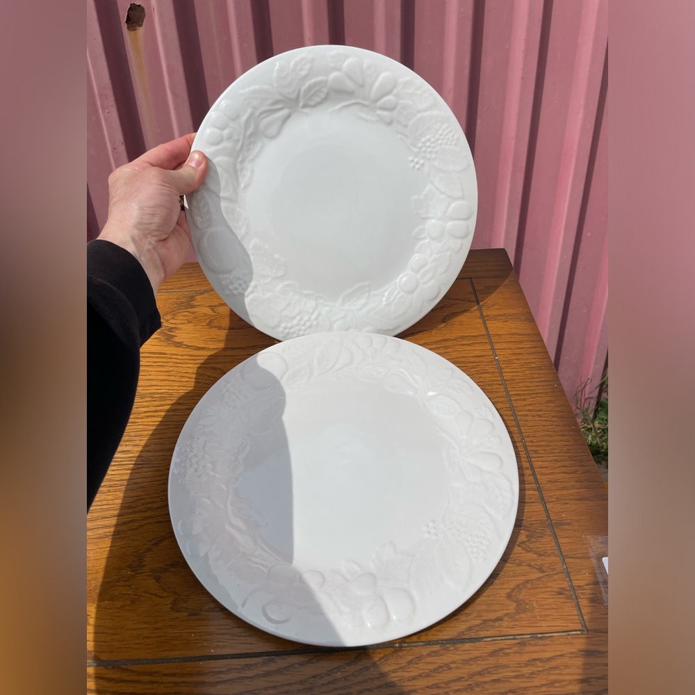 Vintage GIBSON White 10.5” EMBOSSED FRUIT Set of 2 Dinner Plate Replacements